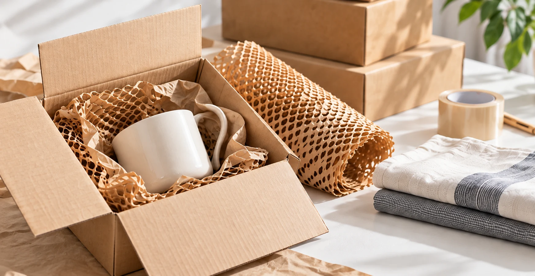 Illustrative packing example: a ceramic cup protected with honeycomb paper in a kraft box, with folded fabric beside it